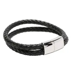 MILLAM - Pulsera de Cuero Negro Trenzado con Broche Acero