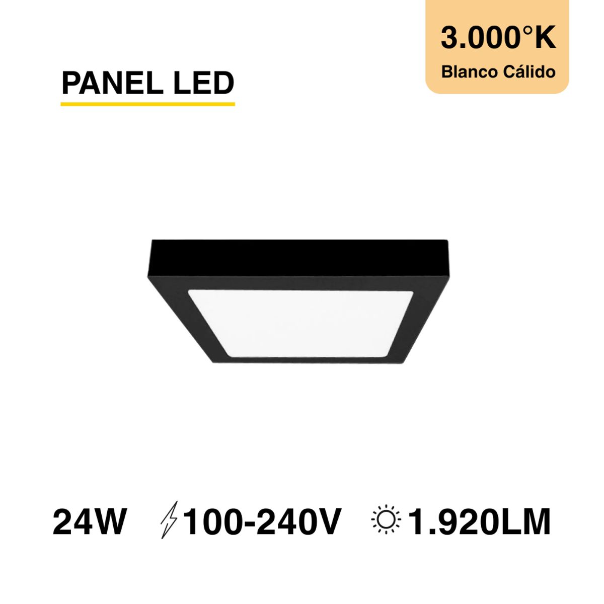 DEMASLED - Foco LED Cuadrado Borde Negro Sobrepuesto 30cmx30Cm 24W Blanco Cálido