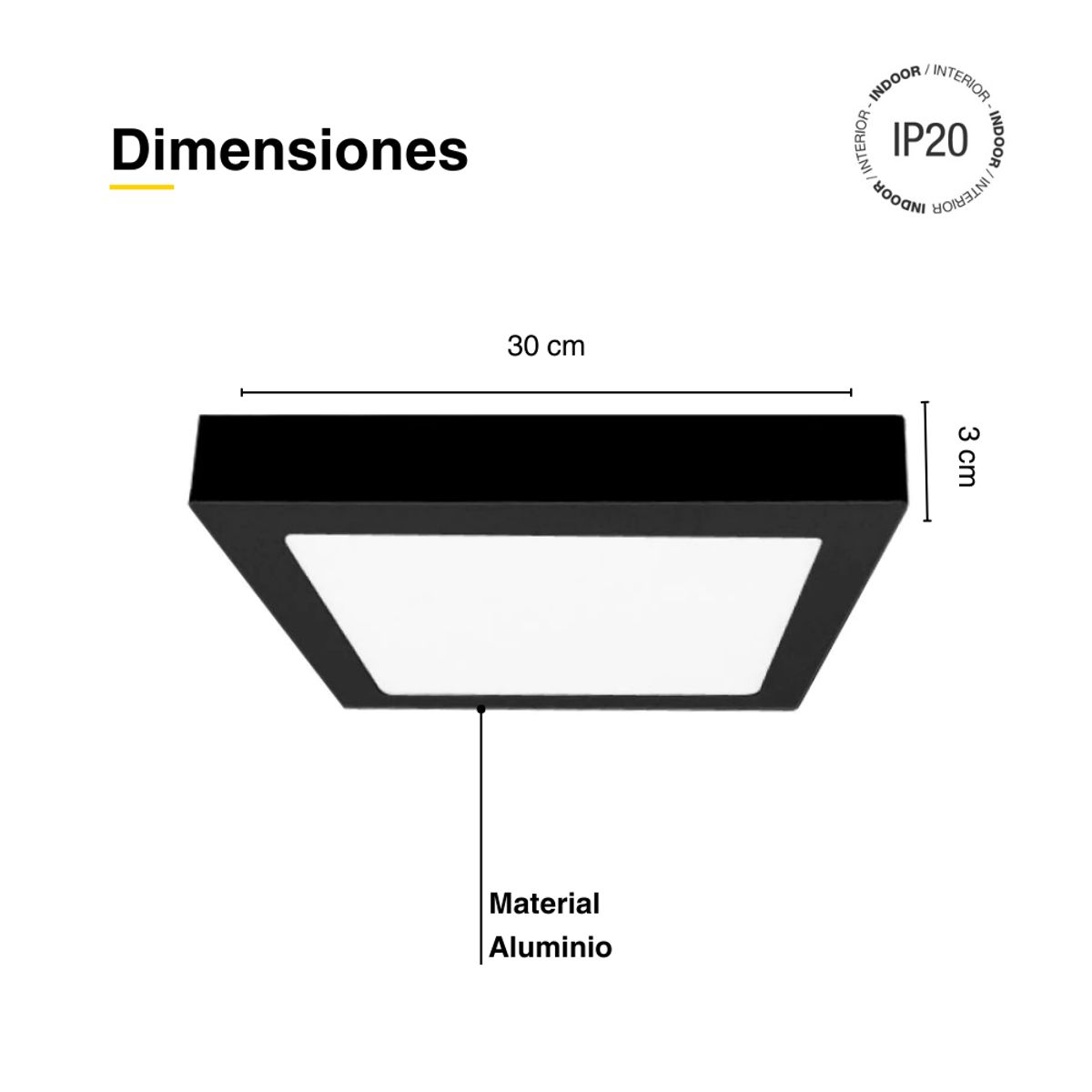 DEMASLED - Foco LED Cuadrado Borde Negro Sobrepuesto 30cmx30Cm 24W Blanco Cálido
