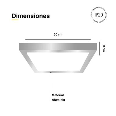 Imagen 2 del producto Foco LED Cuadrado Borde Niquelado Sobrepuesto 30x30Cm 24W BlancoCalido