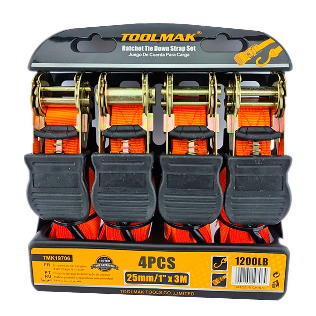 GENERICO - Set Kit Juego Eslinga Cinta Amarre Ratchet 4 Piezas Toolmak