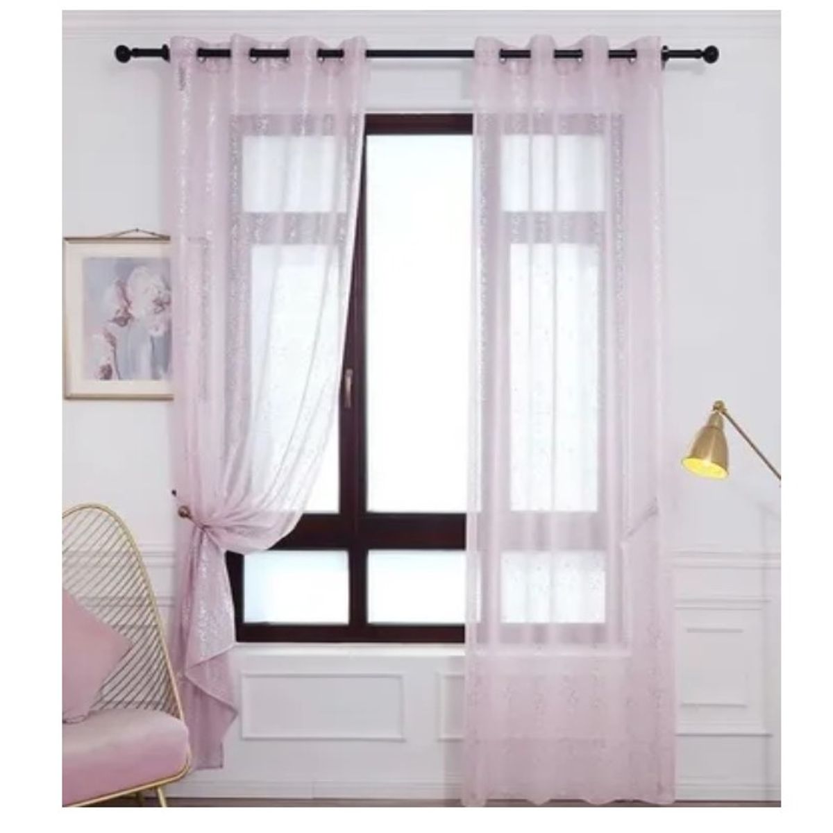 GENERICO - Set Velos Visillos Rosa con Brillos Plateados 140x230 Cm. 2 Paños