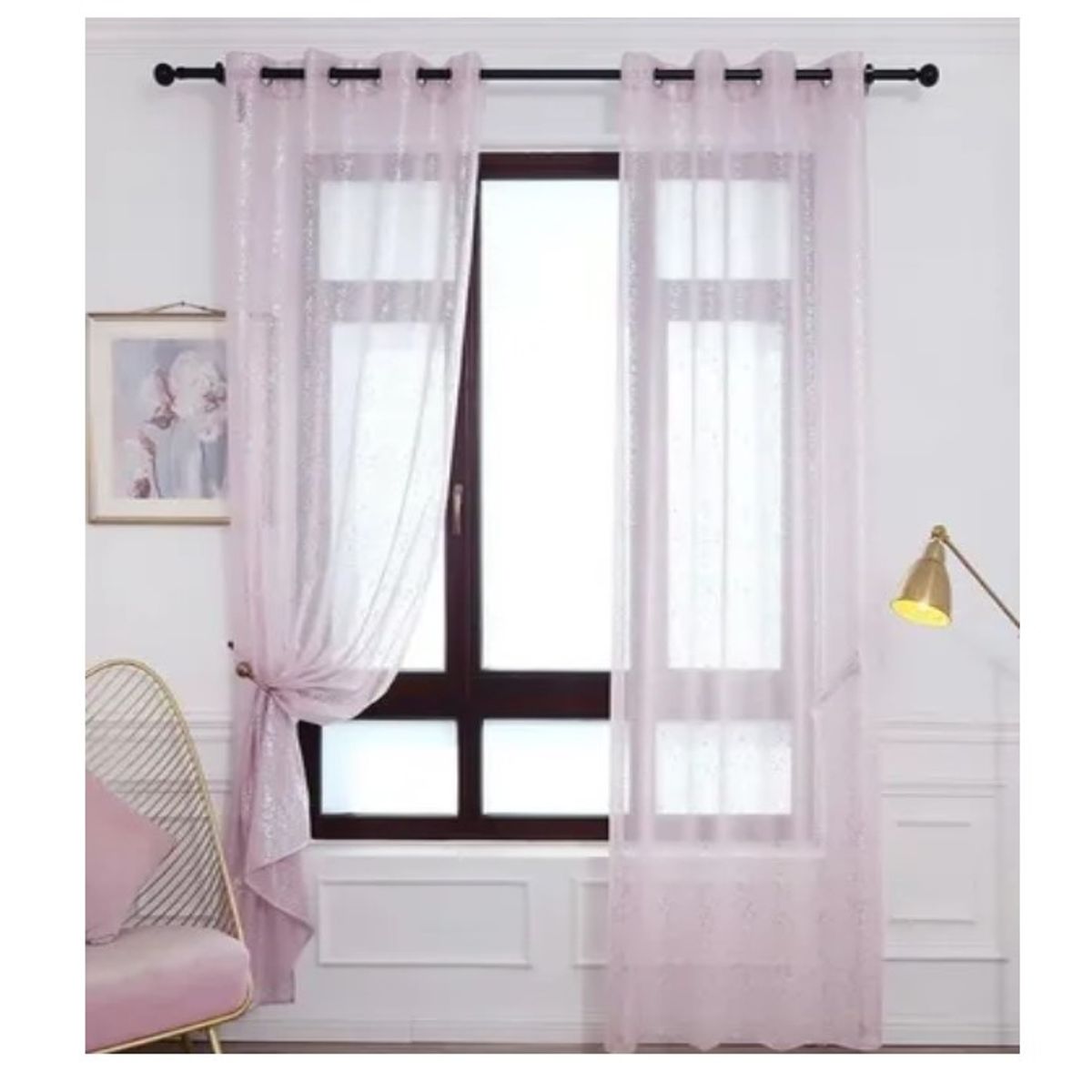 GENERICO - Set Velos Visillos Rosa con Brillos Plateados 140x230 Cm. 2 Paños