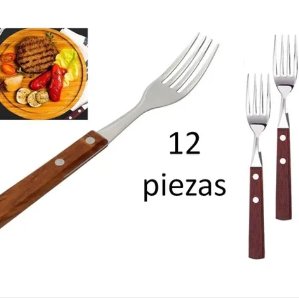 GENERICO - Set 12 Tenedores Acero Inoxidable Cubiertos Madera Asados