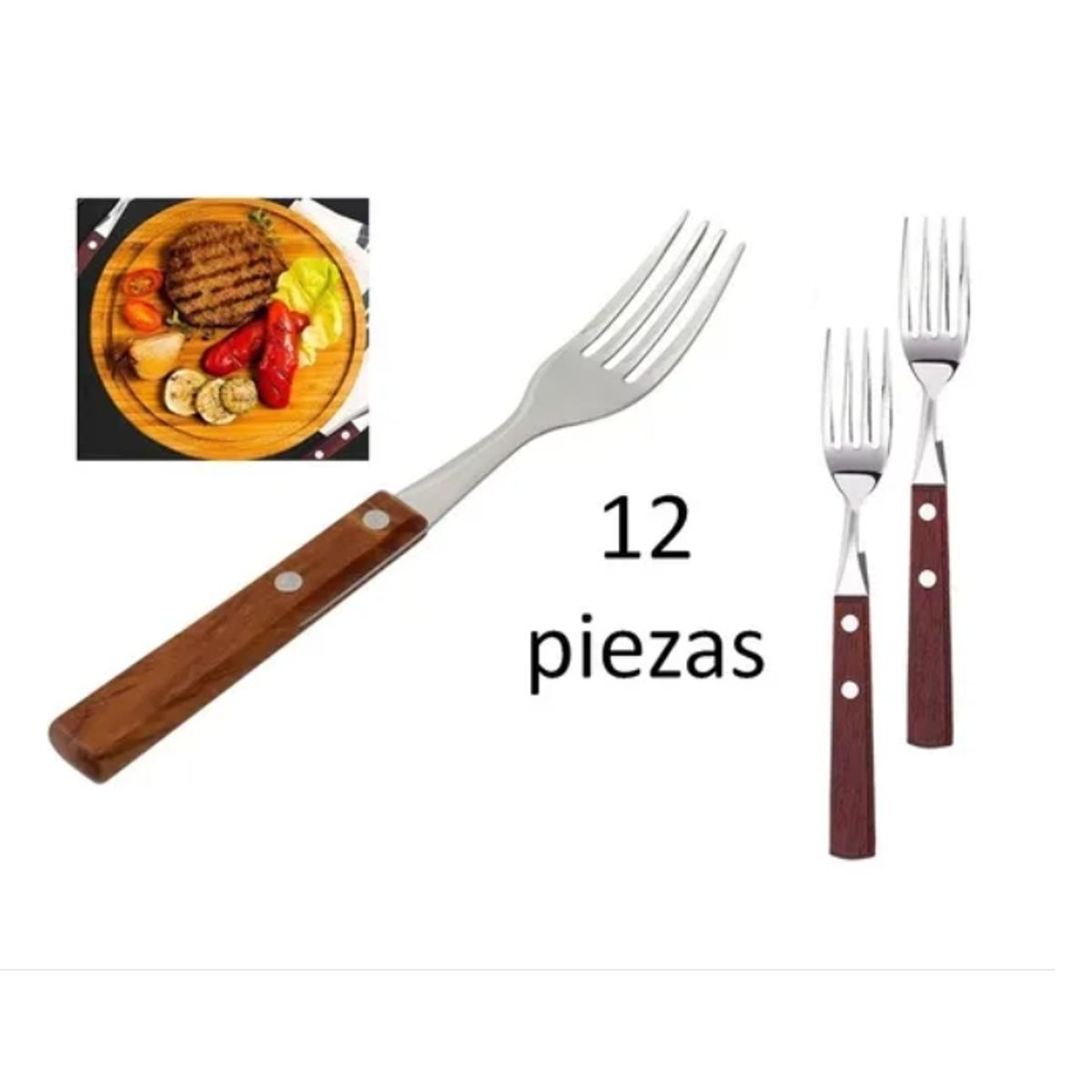 GENERICO - Set 12 Tenedores Acero Inoxidable Cubiertos Madera Asados