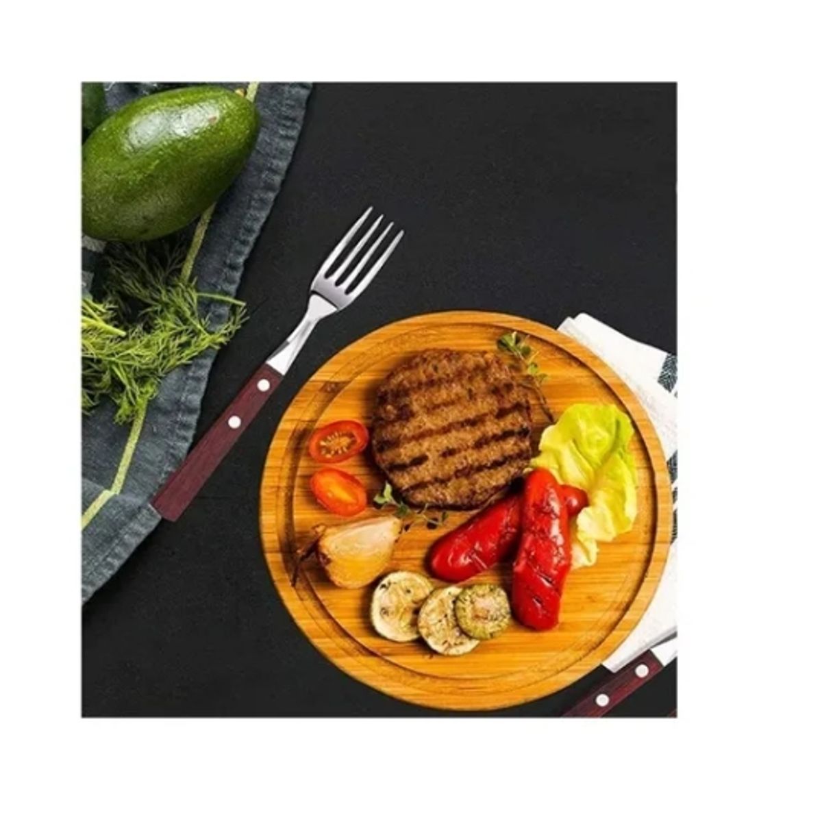 GENERICO - Set 12 Tenedores Acero Inoxidable Cubiertos Madera Asados