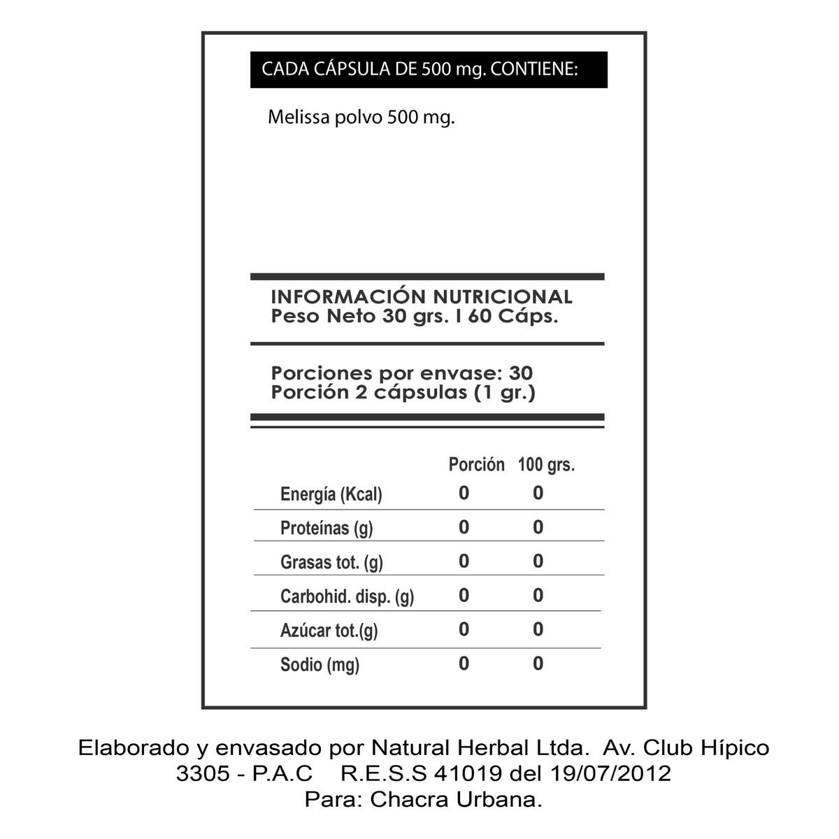 GENERICO - Melissa, 3 frascos de 60 capsulas cada una, de 500 mg