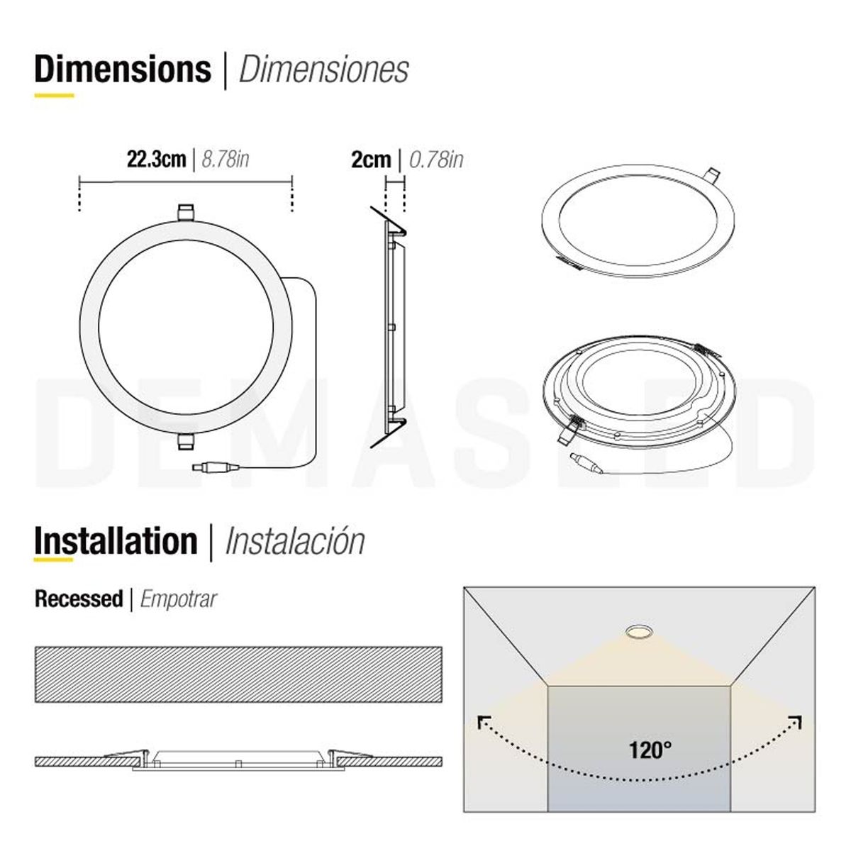 DEMASLED - Foco LED redondo blanco Embutido de 22cm 18W Blanco Neutro