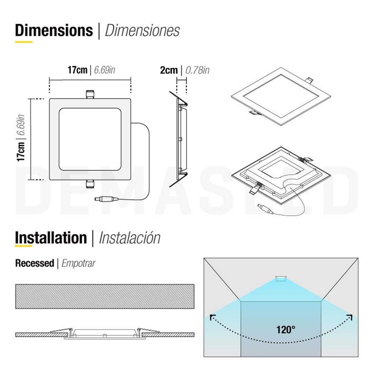 DEMASLED - Foco LED cuadrado blanco Embutido de 17x17cm 12W Blanco Frío