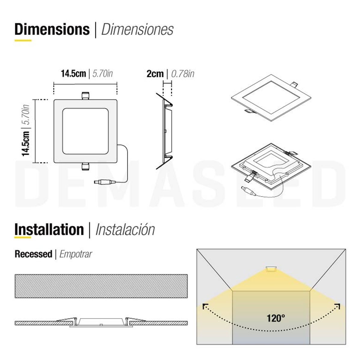 DEMASLED - Foco LED cuadrado blanco Embutido 145x145cm 9W Blanco Cálido