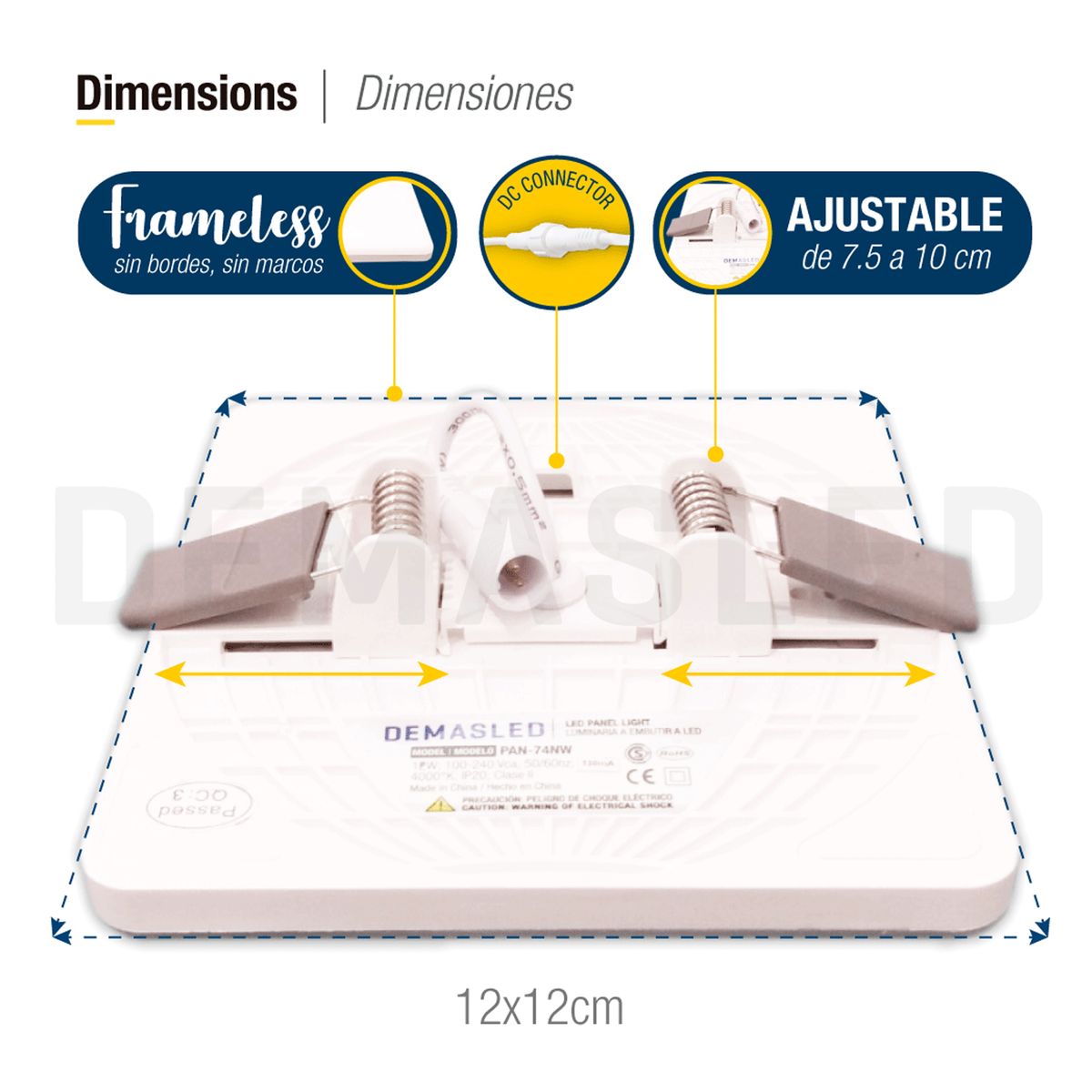 DEMASLED - Panel LED cuadrado Embutido 12x12cm 12W Blanco Neutro