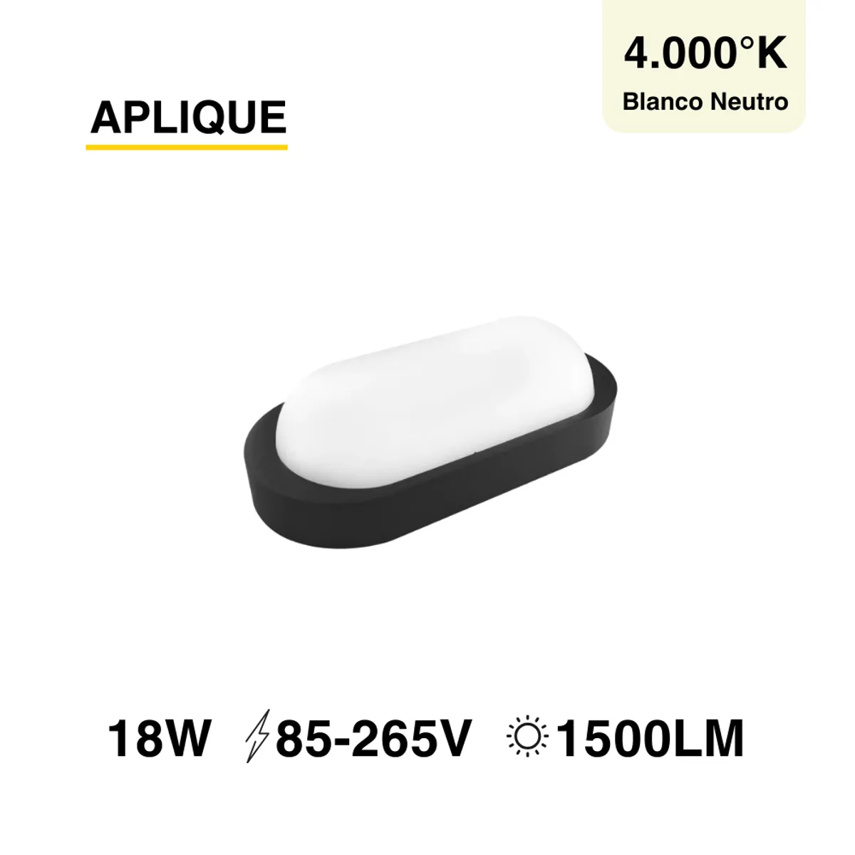 Foco Led Aplique Exterior Ip65 Ovalado Led 18w Blanco Neutro 220v, marca DEMASLED - Foto Principal