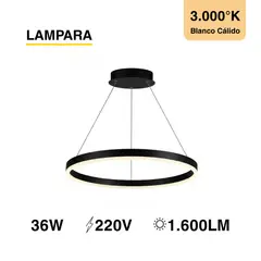 DEMASLED - Lámpara Suspendida Tipo Aro Negro Blanco Cálido D-60cm 36w