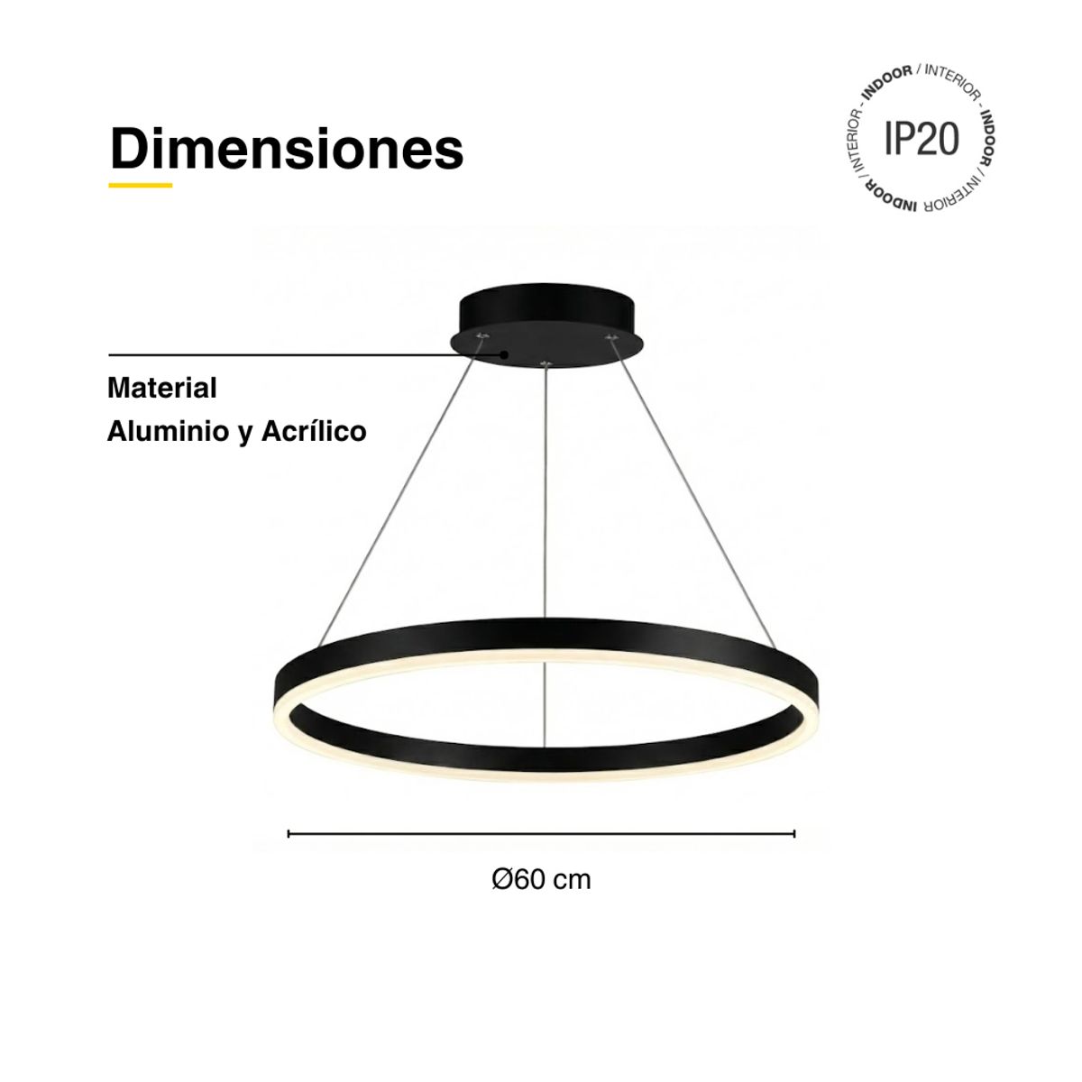 DEMASLED - Lámpara Suspendida Tipo Aro Negro Blanco Cálido D-60cm 36w