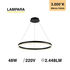 DEMASLED - Lámpara Suspendida Tipo Aro Negro Blanco Cálido D-80cm 48w