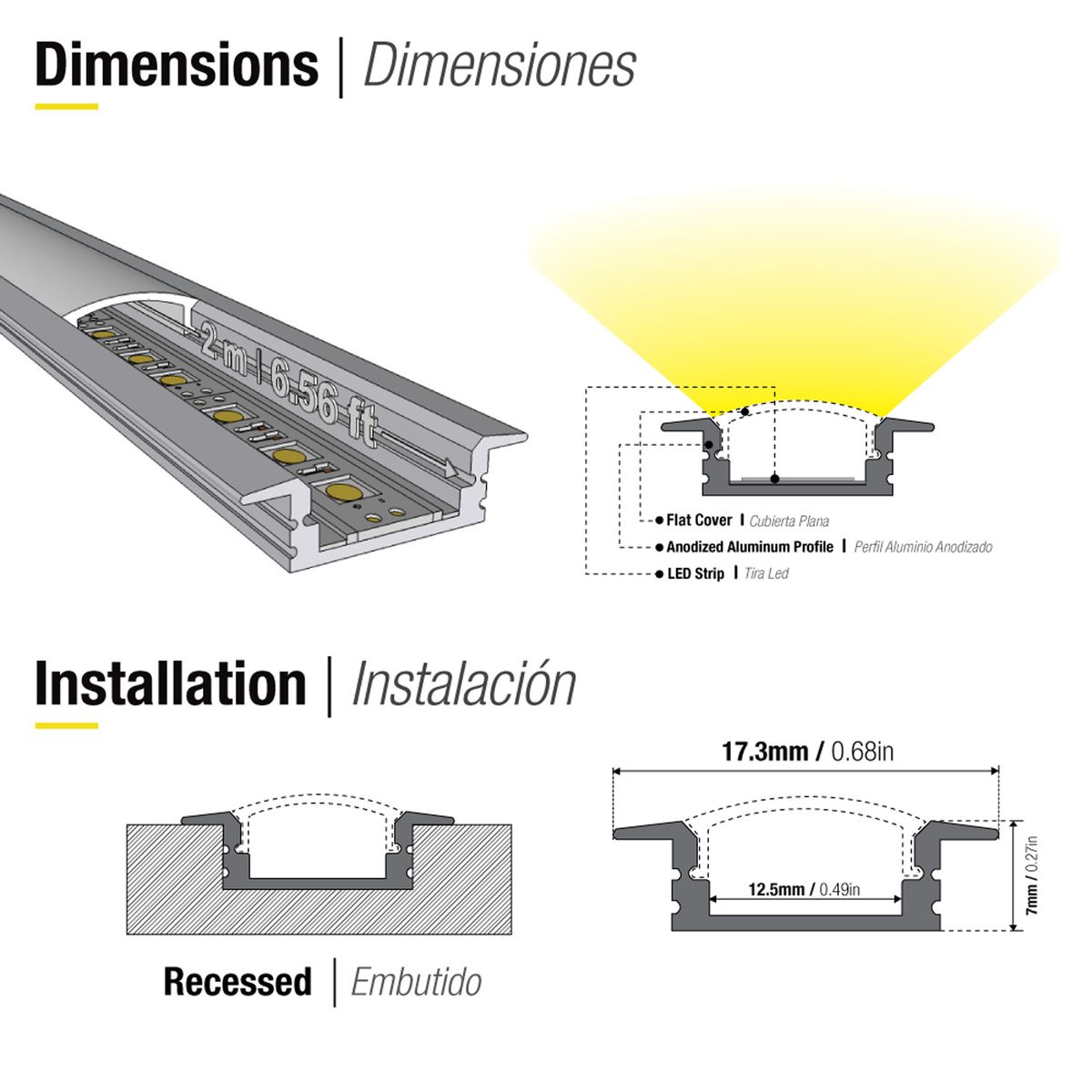 DEMASLED - Perfil Aluminio Difusor Plano Para Cinta Led Empotrar 17x7mm