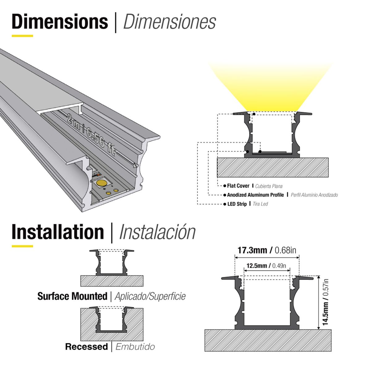 DEMASLED - Perfil de Aluminio de EMBUTIR 15x17mm Cover Opal 2m