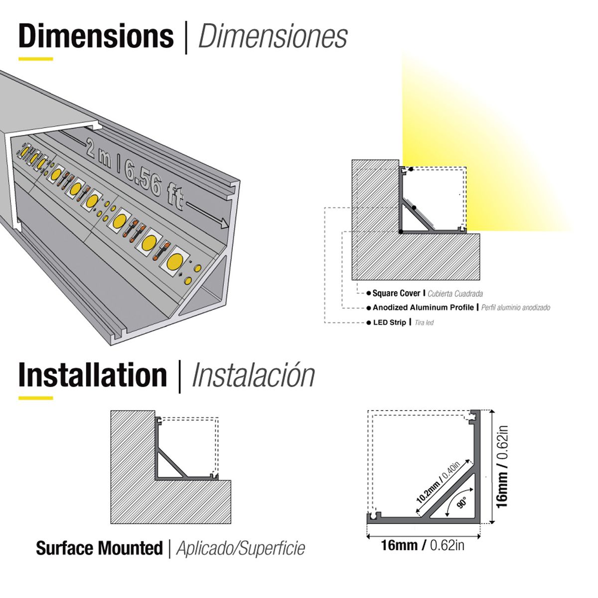 DEMASLED - Perfil De Aluminio Difusor Curvo Cinta Led Esquinero 16x16mm