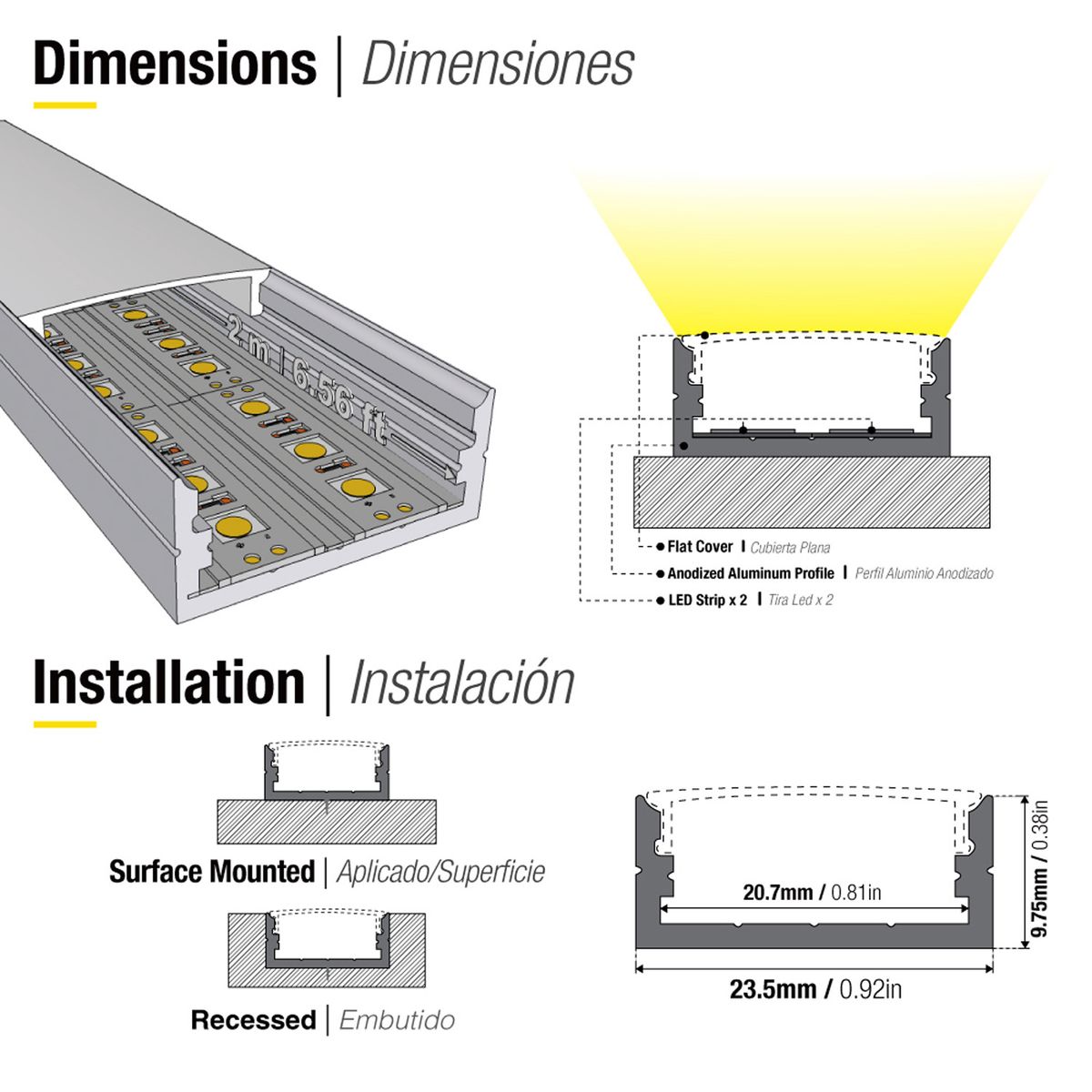 DEMASLED - Perfil Aluminio Difusor Plano Doble Cinta Led Flat 23x10mm