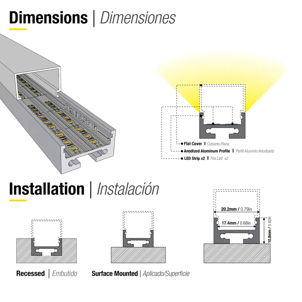 DEMASLED - Perfil de Aluminio LINEAR 20x11mm Cover Cuadrado Opal 2m