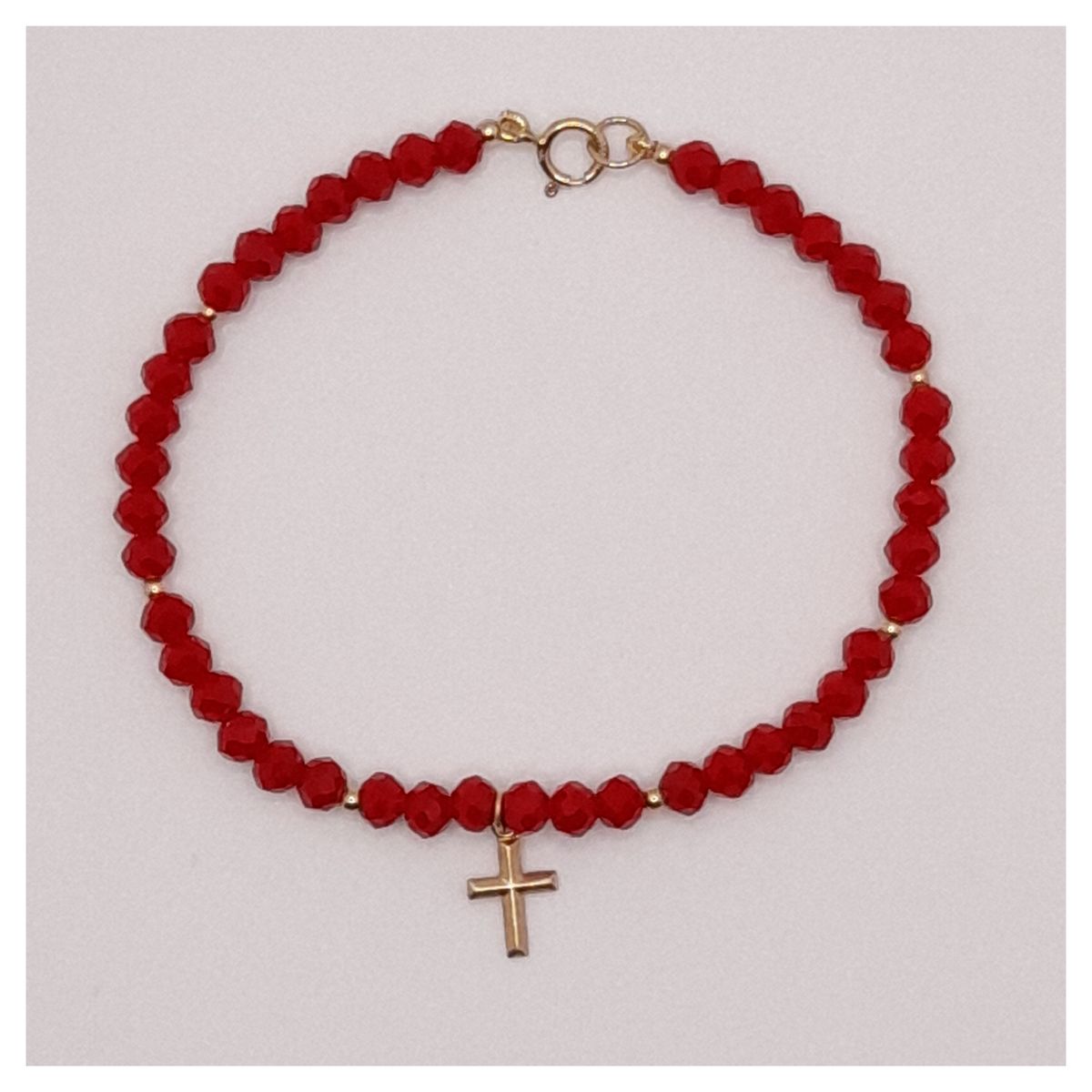 CAT JOYAS - Pulsera cristales rojos con crucifijo broche y bolitas de gold filled 14k