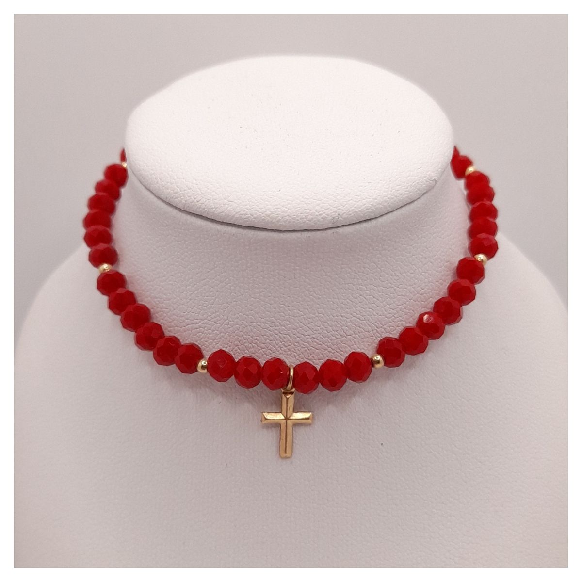 CAT JOYAS - Pulsera cristales rojos con crucifijo broche y bolitas de gold filled 14k