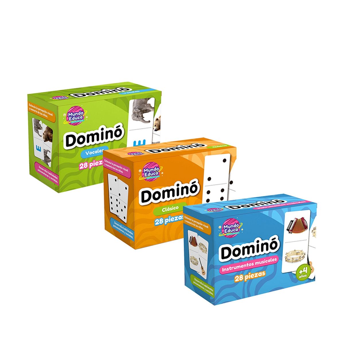 ADETEC - Set 3 Juegos De Mesa Domino Vocales Clasico Y Instrumentos M