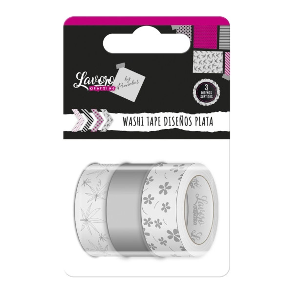 LAVORO - Set 3 washi tapes diseños plateados