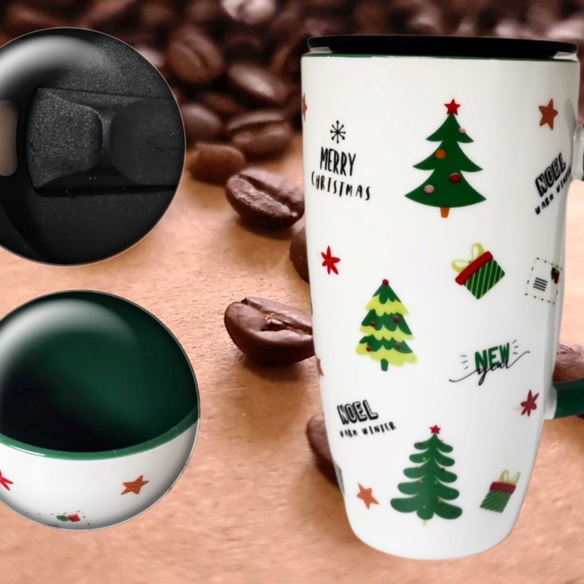 GENERICO - Taza Navideña Con Tapa Y Boquilla, Mug  Navidad MK119 ARBOL
