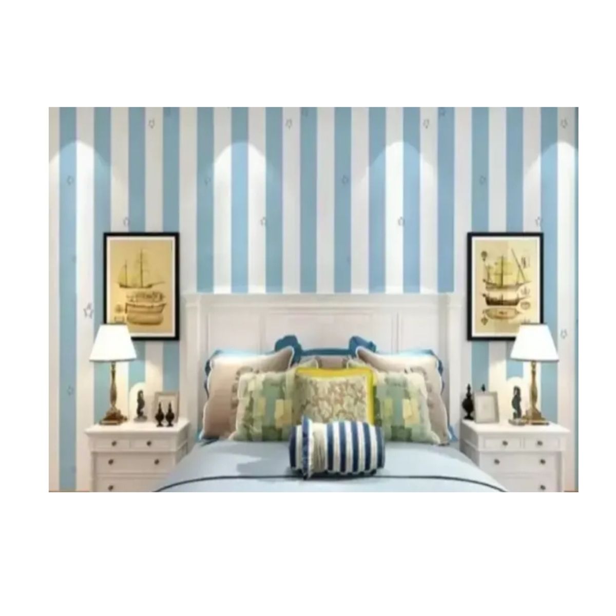 GENERICO - Papel Mural Autoadhesivo Rollo 10mt X 60cm Franjas Celeste Estrella.