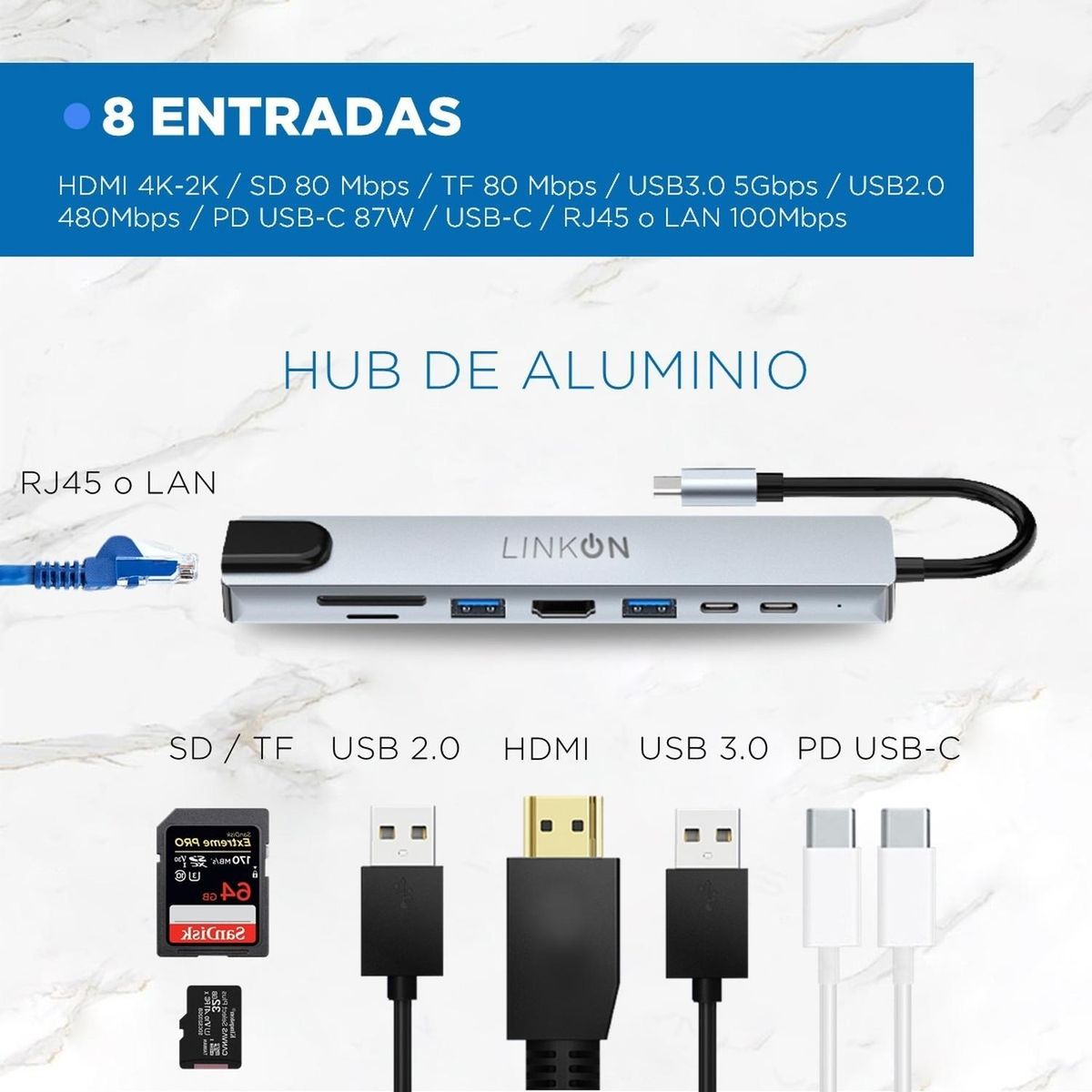 LINKON - Hub Adaptador Usb Tipo C 8 En 1 Linkon Para Mac Macbook Win