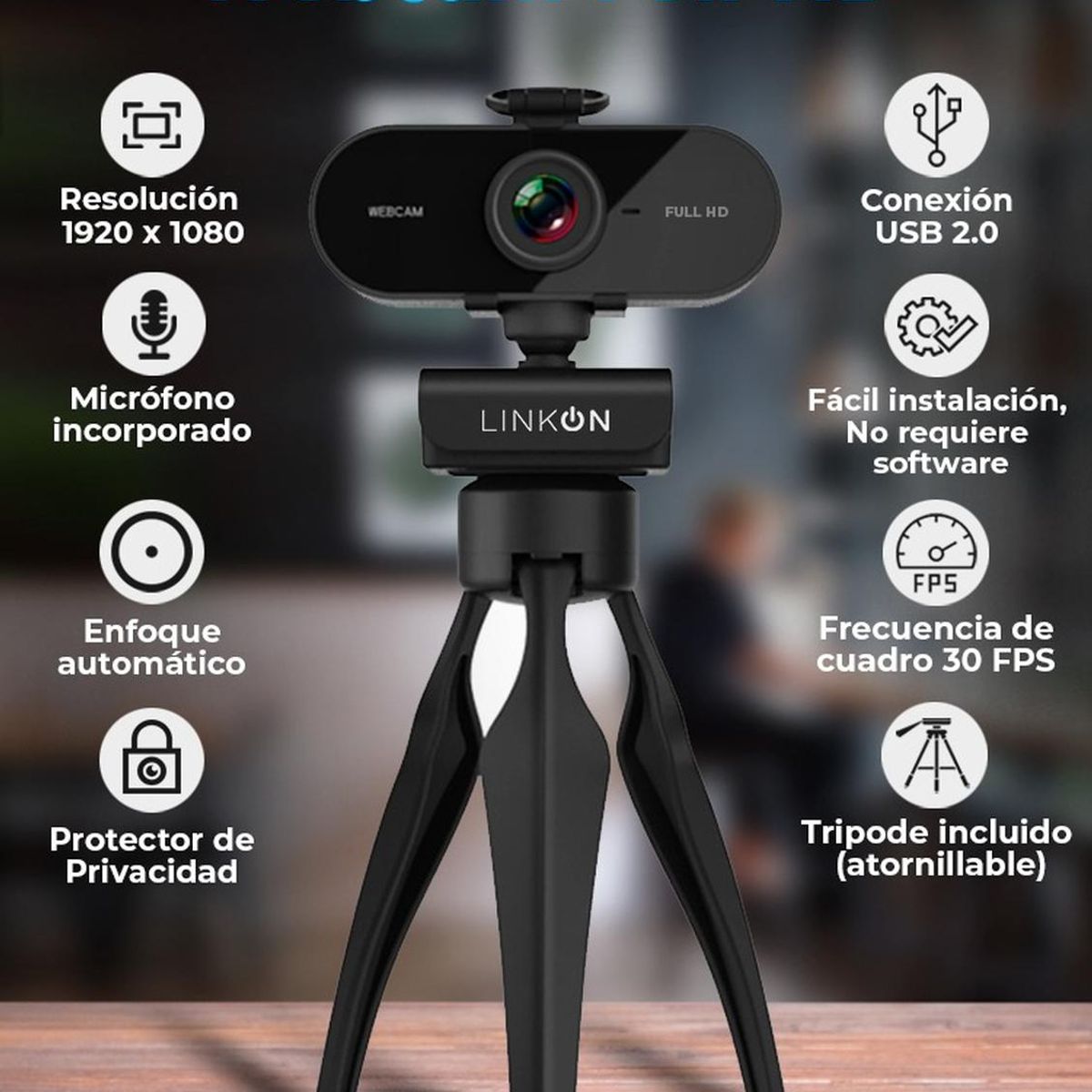 LINKON - Webcam Camara Web Fullhd 1080p Usb Microfono Tripode