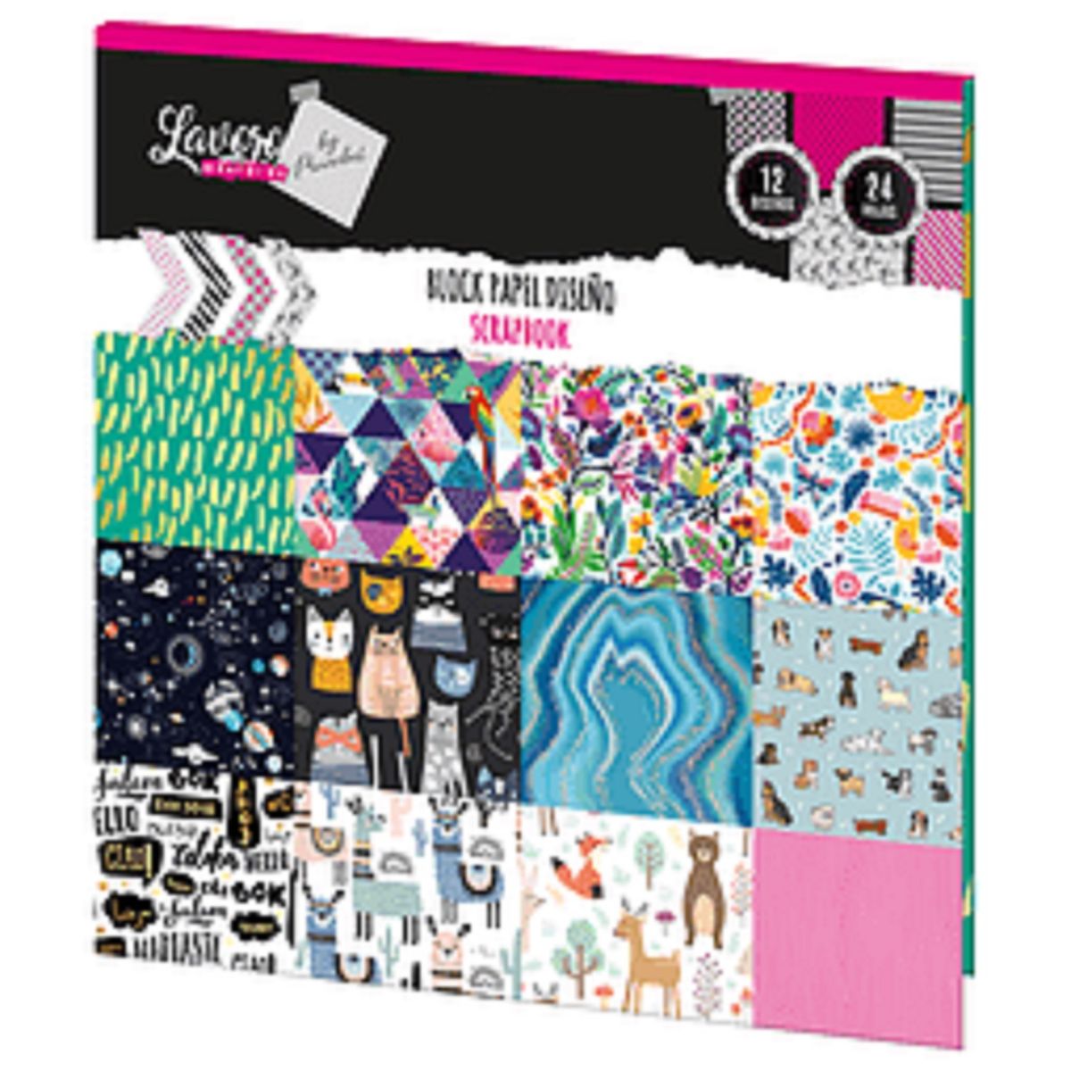 LAVORO - Block papel diseño scrapbook 24 hojas, 12 diseños,