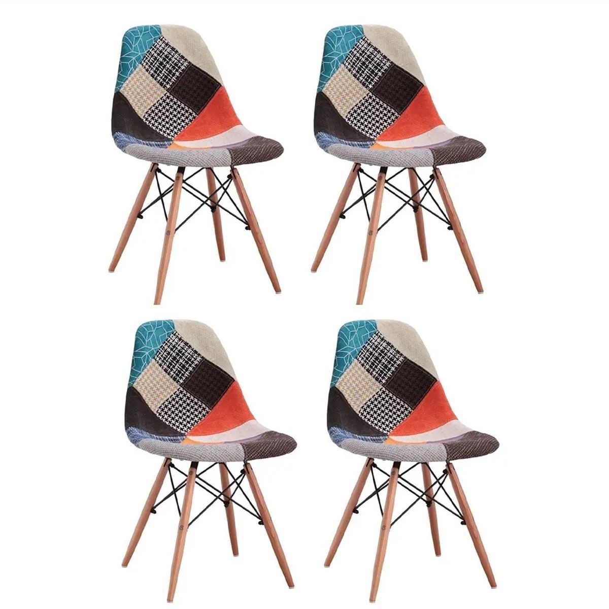 CORI CORI - Juego de Comedor Mesa Eames Vidrio 80cm + 4 Sillas Patchwork Naranjete