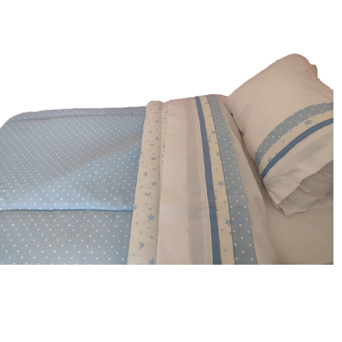 GENERICO - Set cuna Colecho 90x55 cm - Celeste estrella luna y Puntos Blancos
