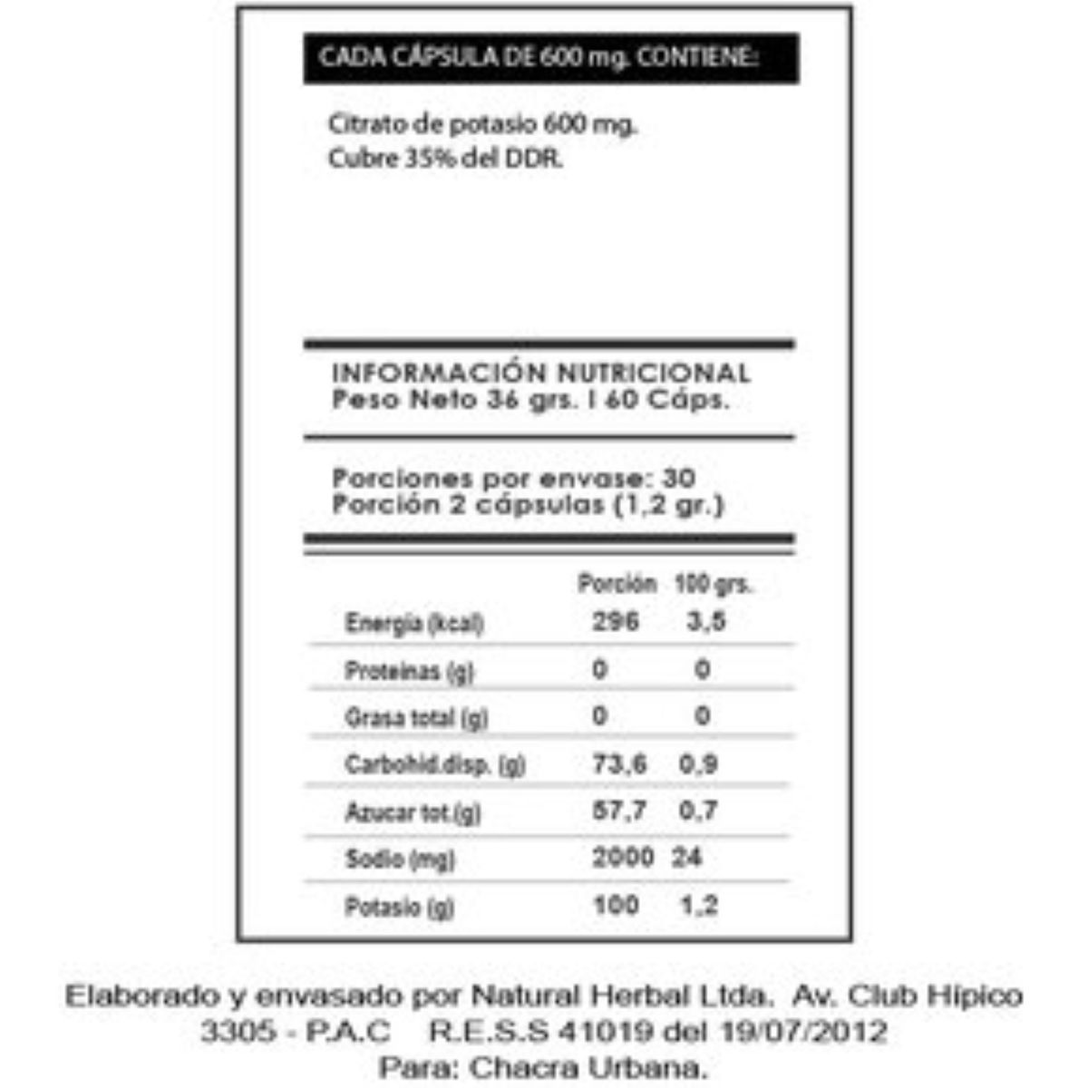 GENERICO - Potasio, 2 frascos de 60 capsulas cada uno, de 600mg