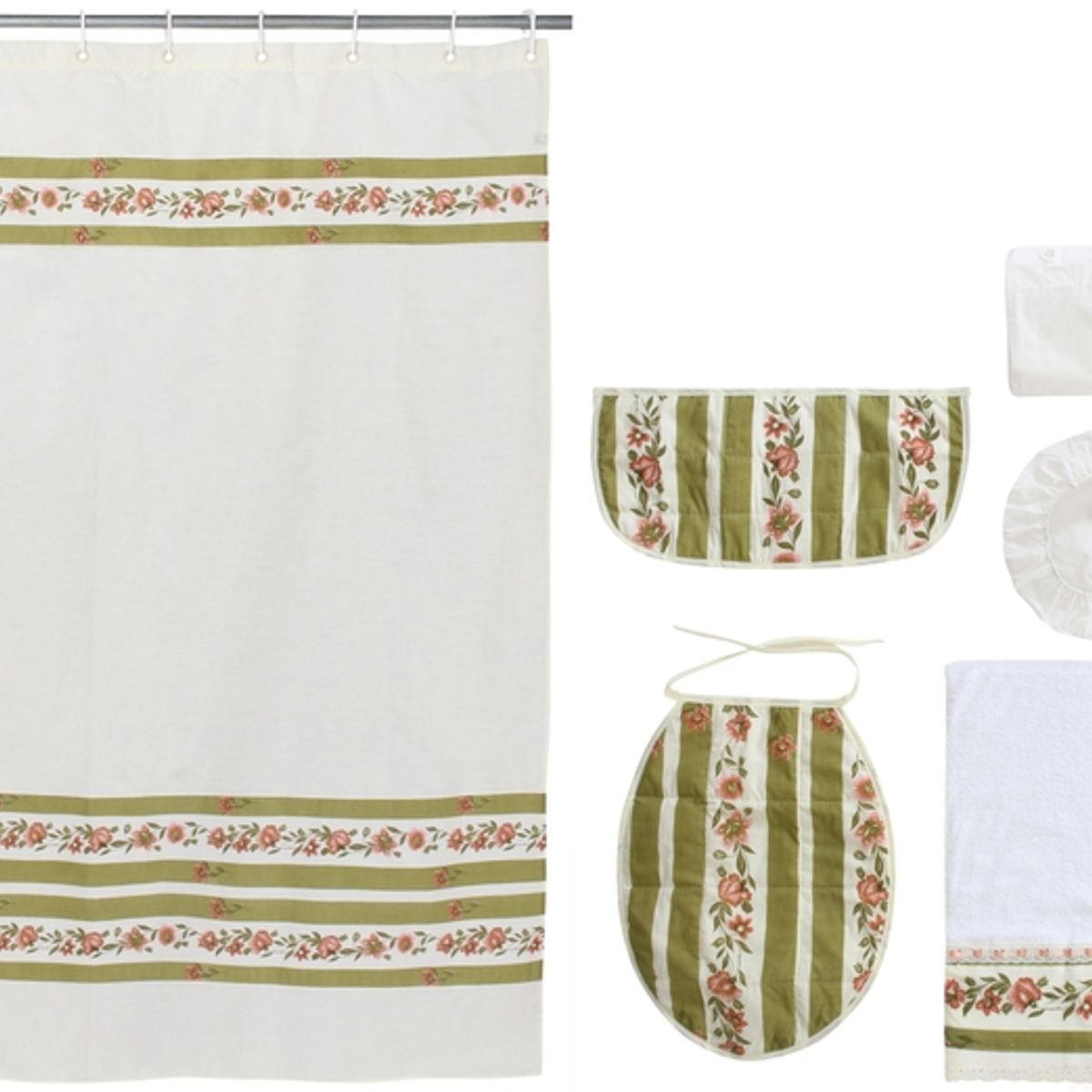 GENTILE - Cortina y set de baño 7 piezas 180x180 cms Crudo Flores