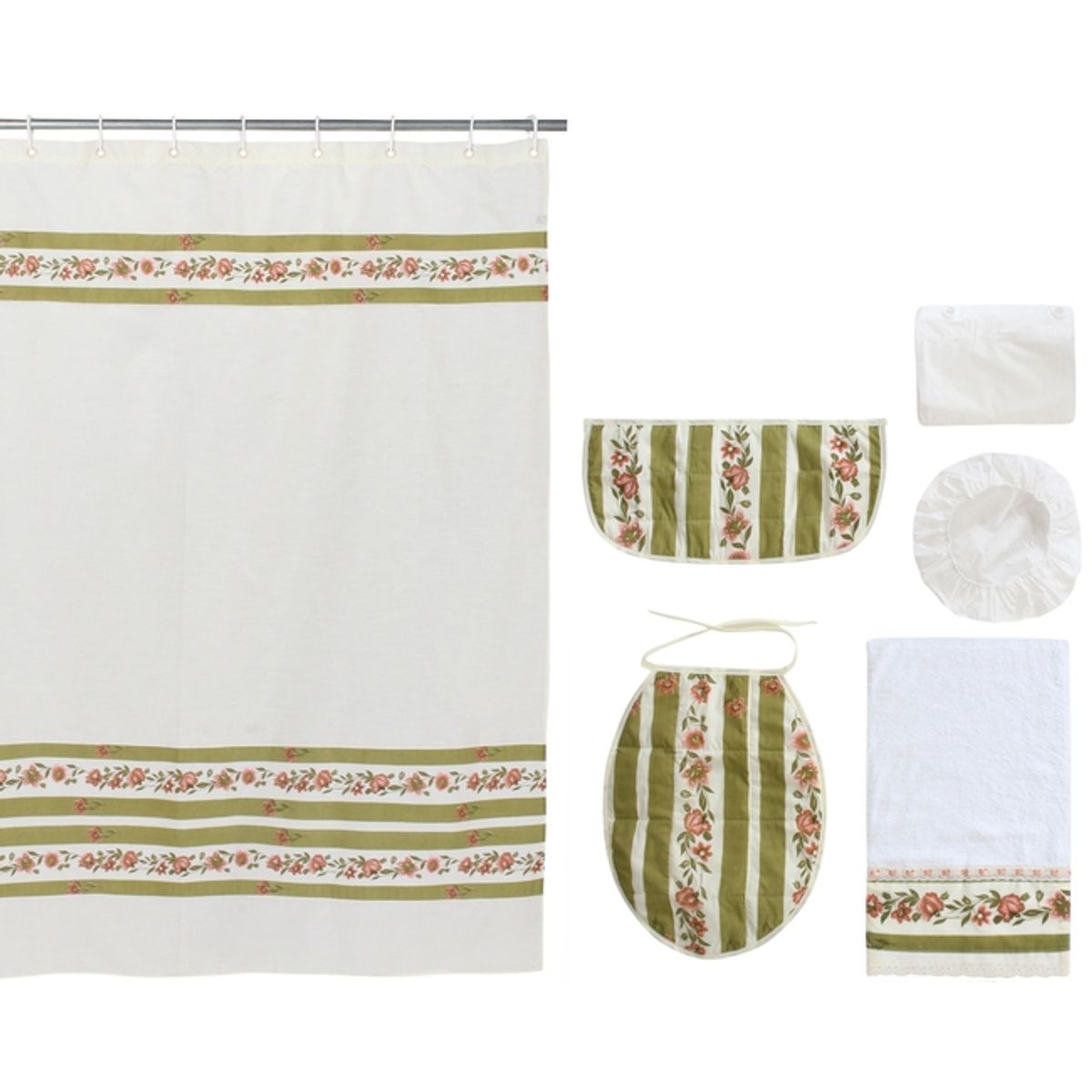 GENTILE - Cortina y set de baño 7 piezas 180x180 cms Crudo Flores