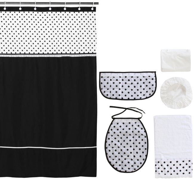 Cortina y Set de bano 7 piezas 180 x 180 cms circulos negros.