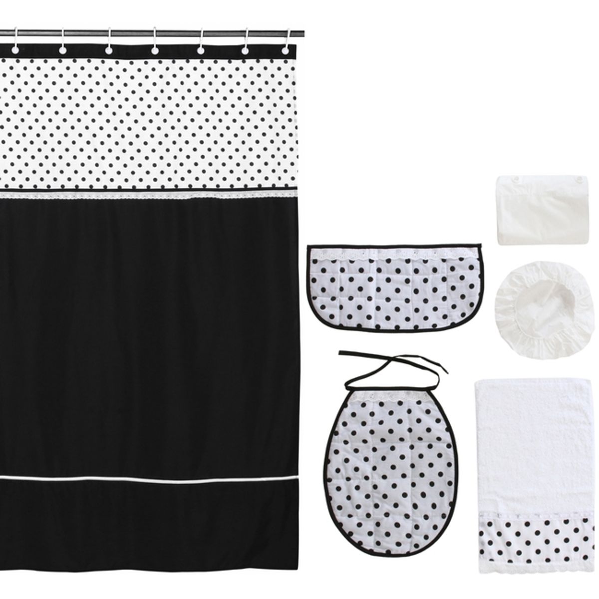 GENTILE - Cortina y Set de baño 7 piezas 180 x 180 cms circulos negros.