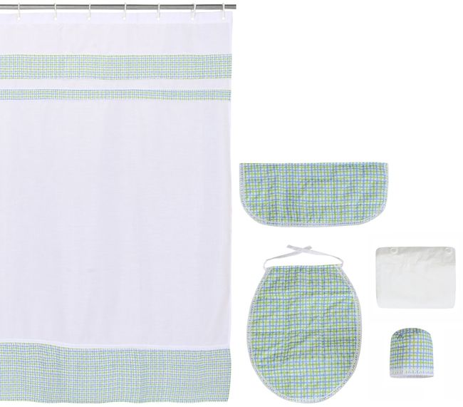 Cortina y Set de bano 6 piezas 180 x 180 cms blanco verde cuadrille
