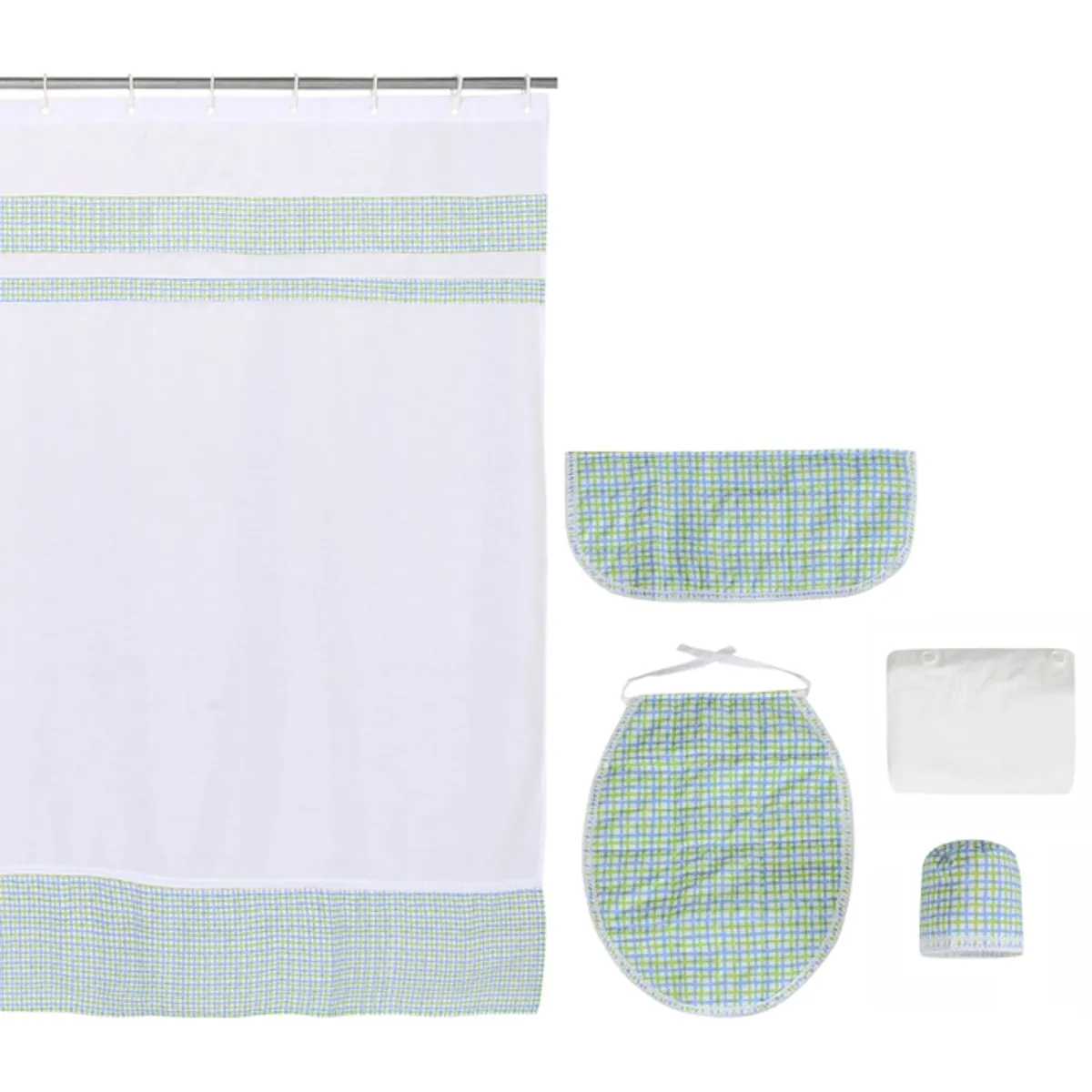 GENTILE - Cortina y Set de baño 6 piezas 180 x 180 cms  blanco verde cuadrille