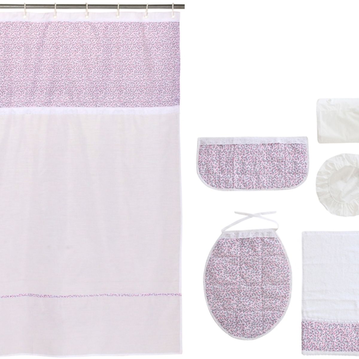 GENTILE - Cortina y Set de baño 7 piezas 180 x 180 cms blanco flores rosadas