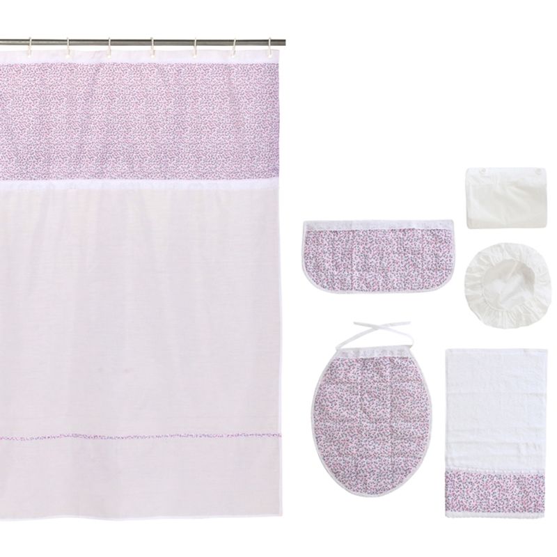 GENTILE - Cortina y Set de baño 7 piezas 180 x 180 cms blanco flores rosadas