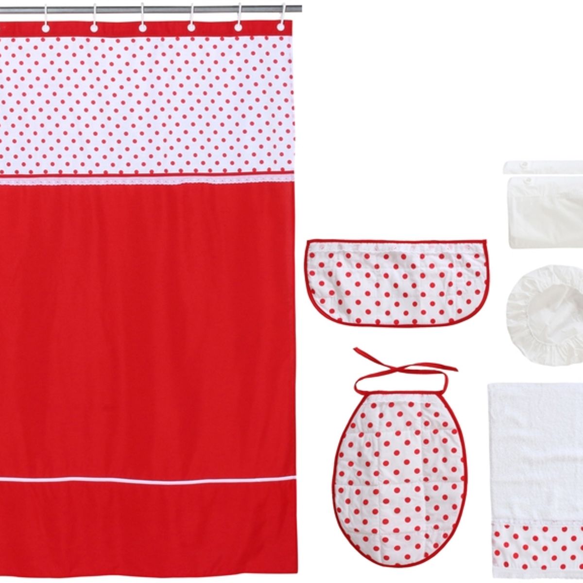 GENTILE - Cortina y Set de baño 7 piezas 180 x 180 cms circulos rojos