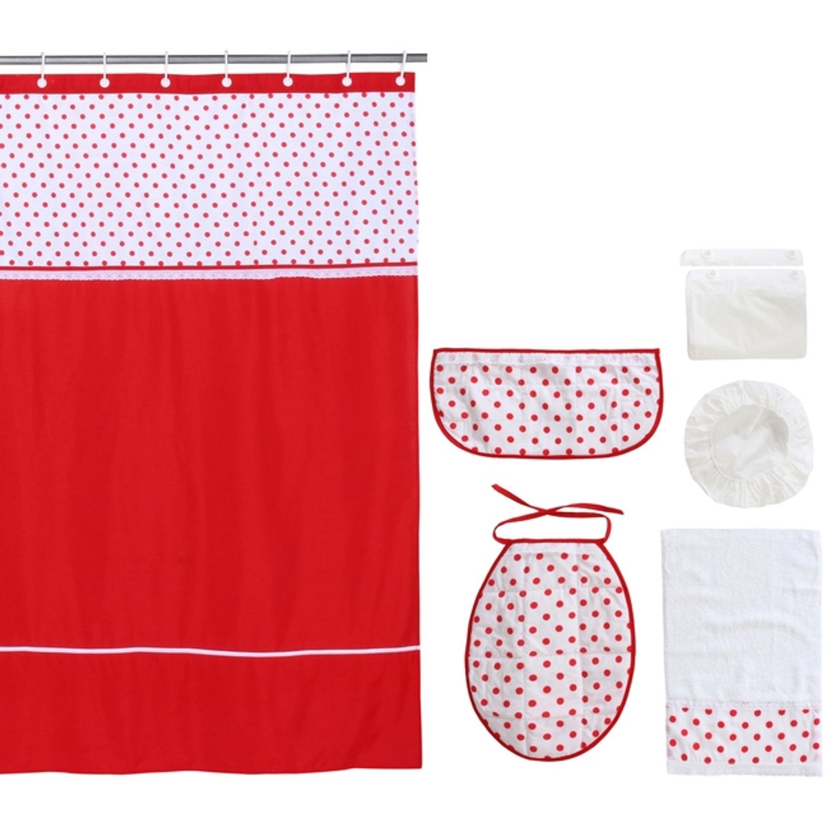 GENTILE - Cortina y Set de baño 7 piezas 180 x 180 cms circulos rojos