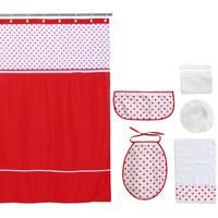 Cortina y Set de baño 7 piezas 180 x 180 cms circulos rojos