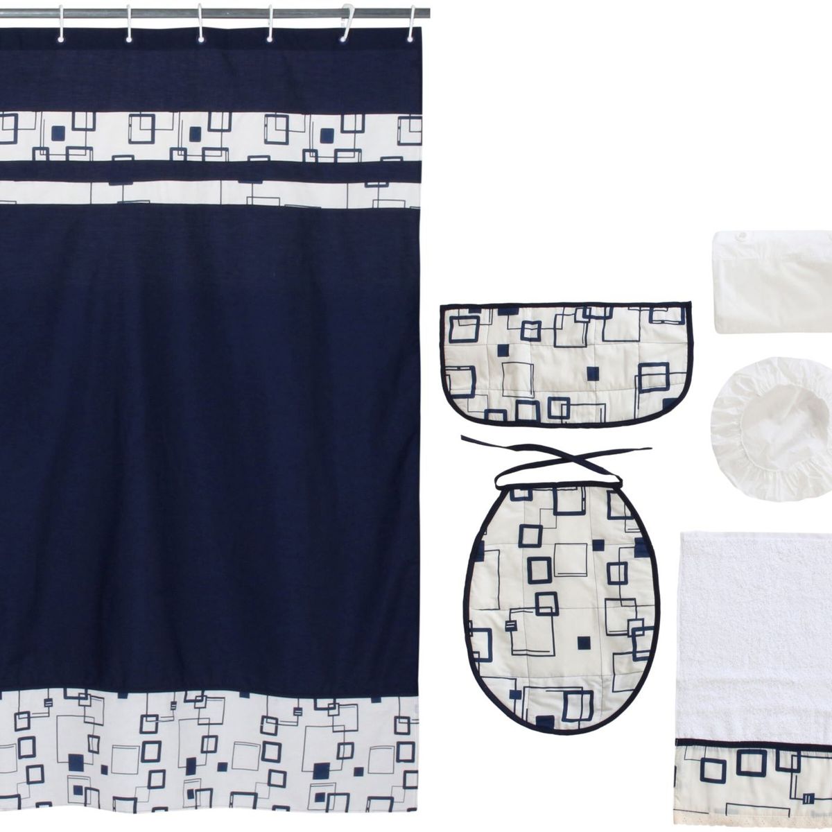 GENTILE - Cortina de baño 7 piezas 180 x 180 cms azul cuadrados azules