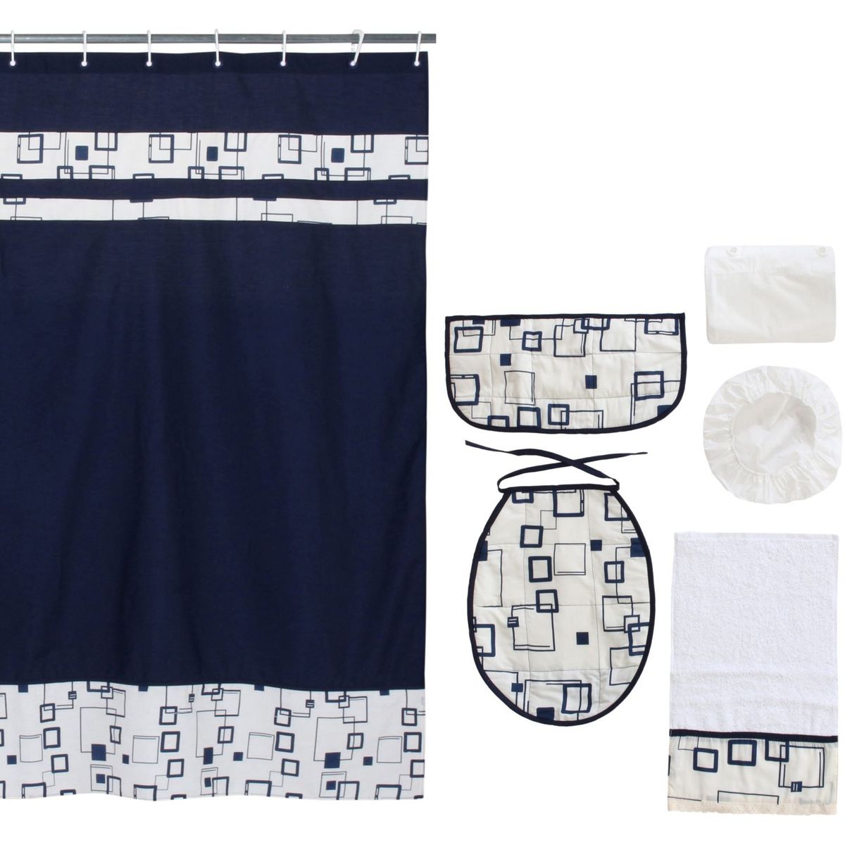 GENTILE - Cortina de baño 7 piezas 180 x 180 cms azul cuadrados azules