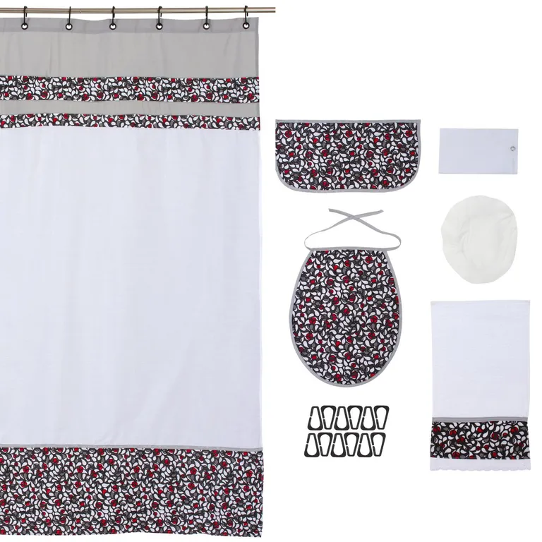 Cortina y Set de bano 7 piezas 180 x 173 cms gris blanco